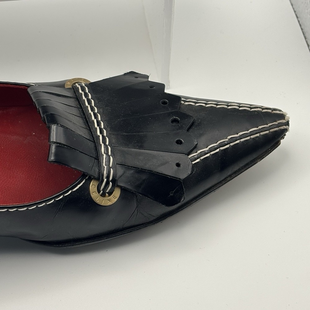 Vintage CELINE Paris Black Leather Kiltie Loafers White Stitch 38 B Made‎ Italy - Picture 3 of 11